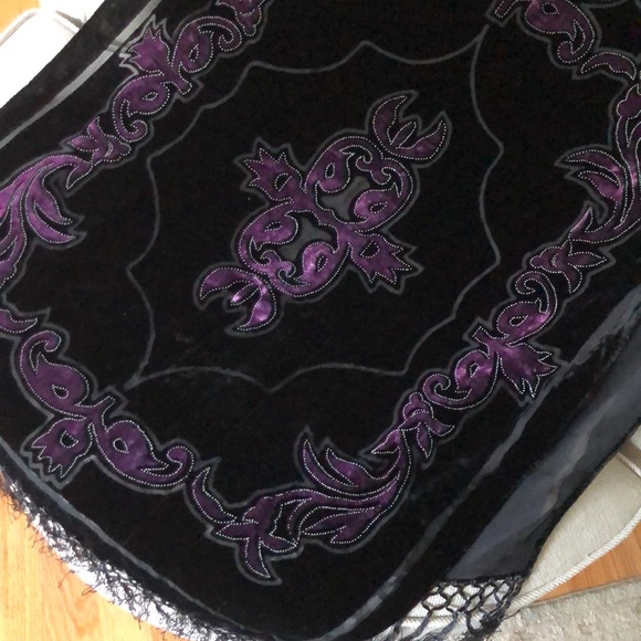 VTG Stunning PURPLE BLACK silk burnout VELVET long fringe art deco wrap shawl - Picture 5 of 15